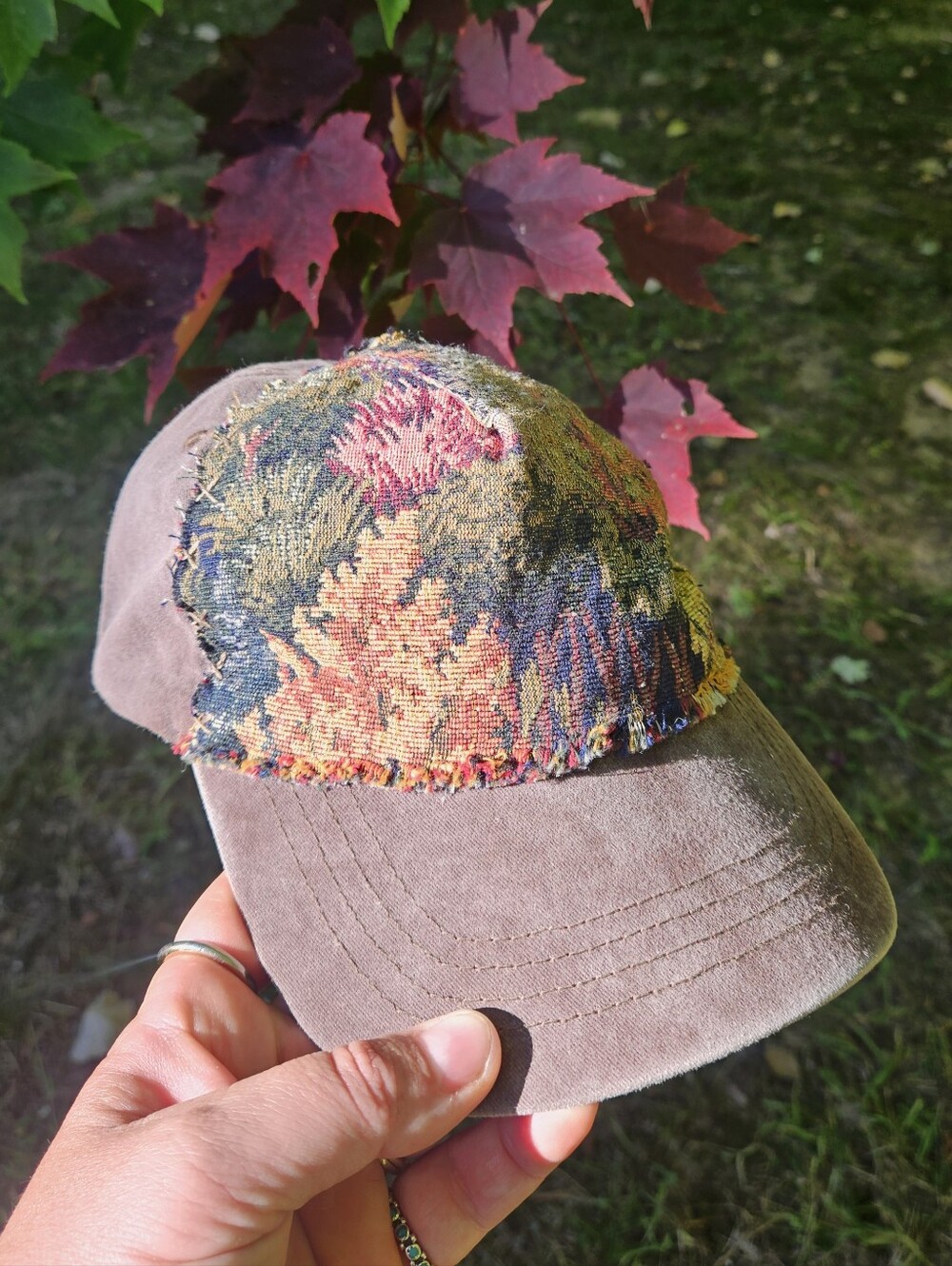 Gritty Boho Brown Forest Floral Vintage Tapestry Print Upcycled Baseball Cap